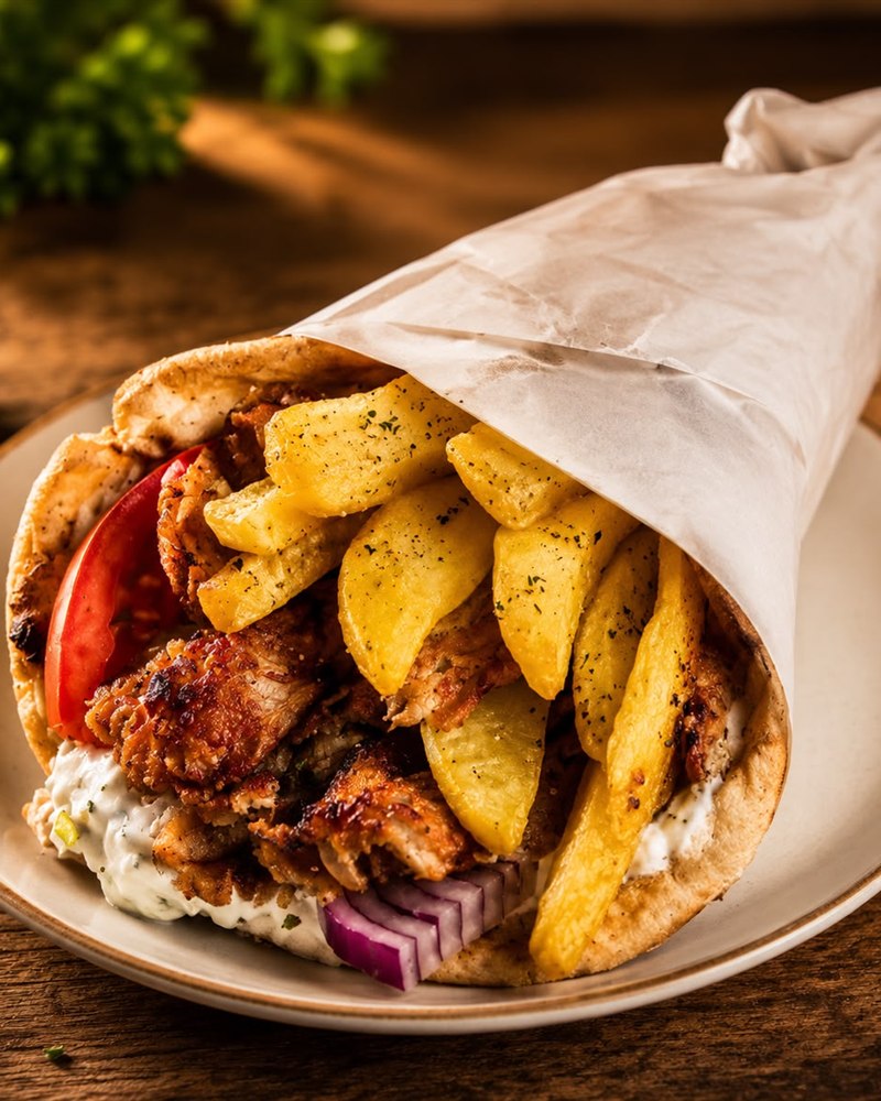 Pita Gyros mit Tzatziki, Tomate und Pommes – Zeus Take Away in Berlin-Karow