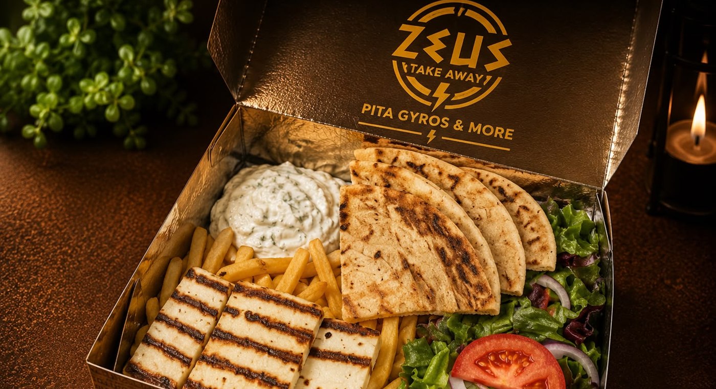 Pita Halloumi Box in der Zeus-Take-Away-Box mit Pitabrot, Pommes, Salat und Tzatziki – Berlin-Karow