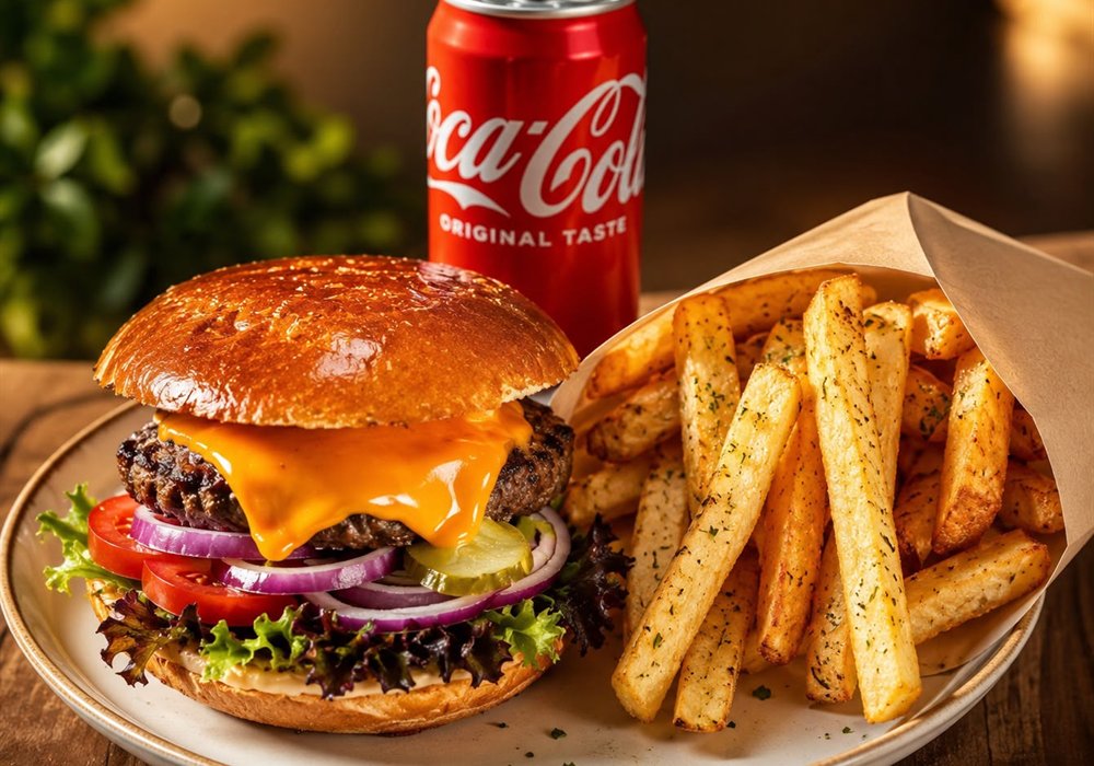 Cheeseburger Menü mit Pommes und Coca-Cola – Zeus Take Away Berlin-Karow