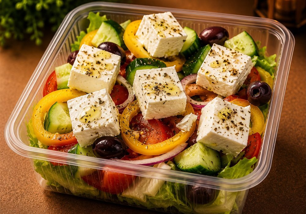 Choriatiki – griechischer Bauernsalat mit Feta, Oliven und Olivenöl – Zeus Take Away Berlin-Karow