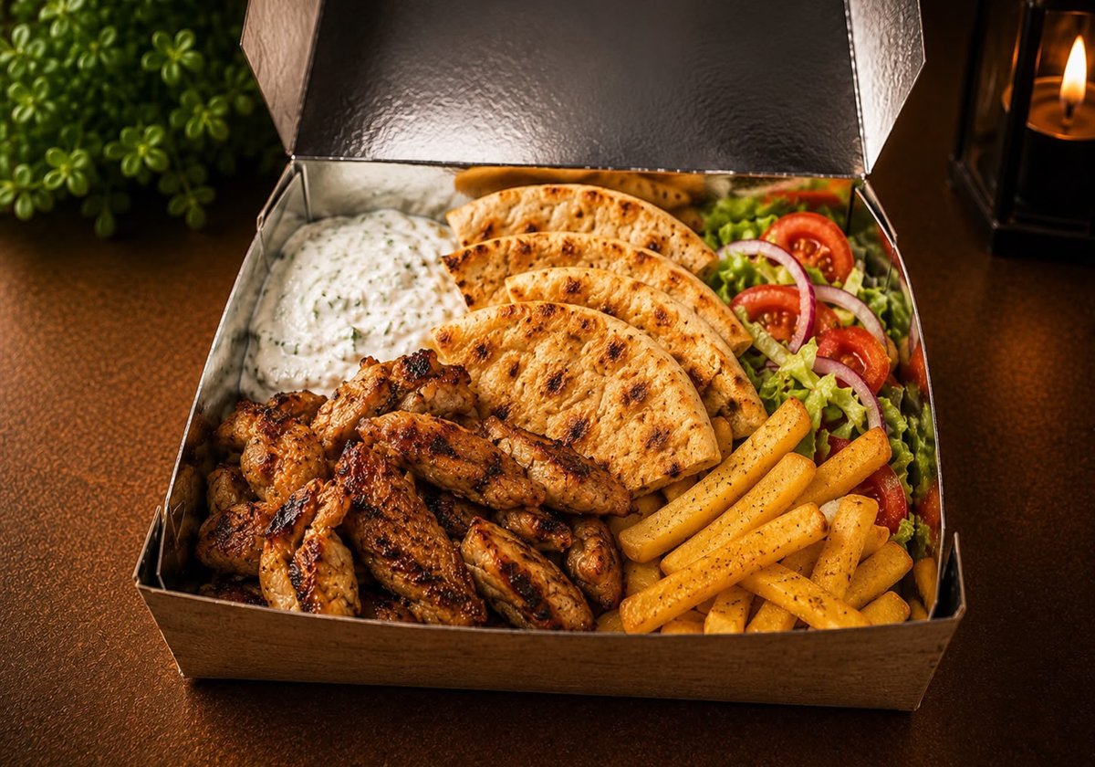 Pita Gyros Box mit Pitabrot, Pommes, Salat und Tzatziki – Zeus Take Away Berlin-Karow
