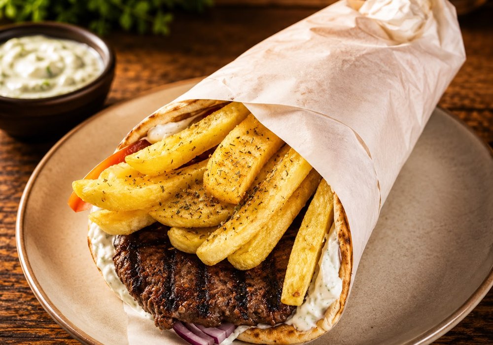 Pita Bifteki mit Hacksteak, Tzatziki und Pommes – Zeus Take Away Berlin-Karow