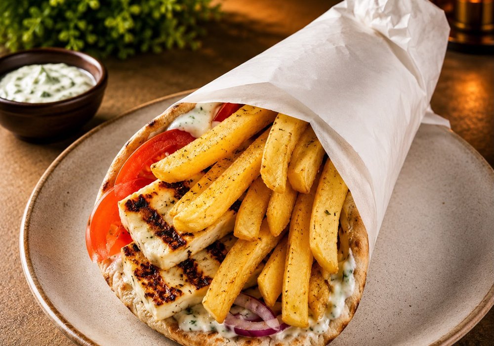 Pita Halloumi mit gegrilltem Käse, Tomate und Pommes – Zeus Take Away Berlin-Karow