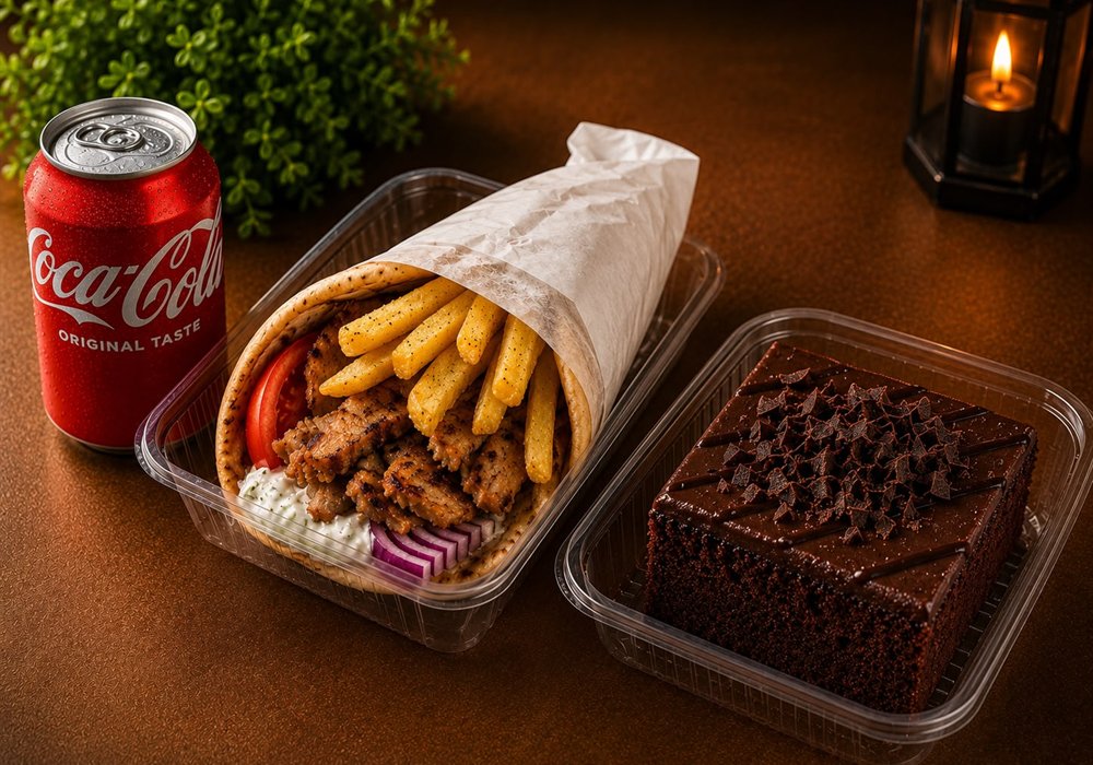 Pita Menü mit Getränk und Schokoladenkuchen – Zeus Take Away Berlin-Karow